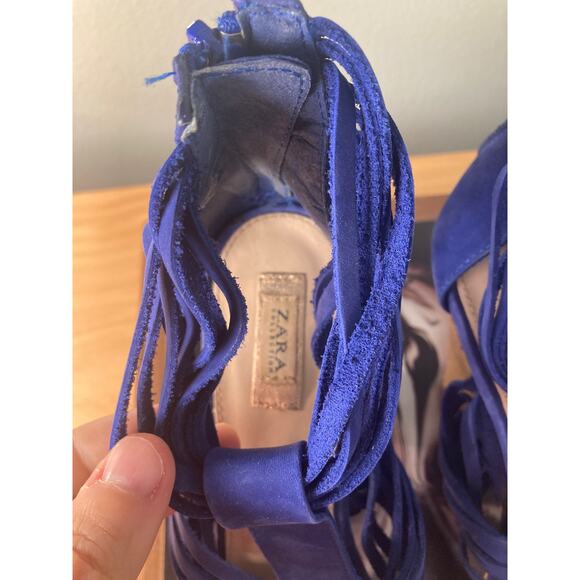 Zara Electric Blue Suede Strappy Sandals Wood Heel ~ Sz 40 10 ~ So Fetch! - Picture 5 of 7
